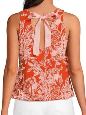Lands' End Orange Floral V-Neck Sleeveless Blouse